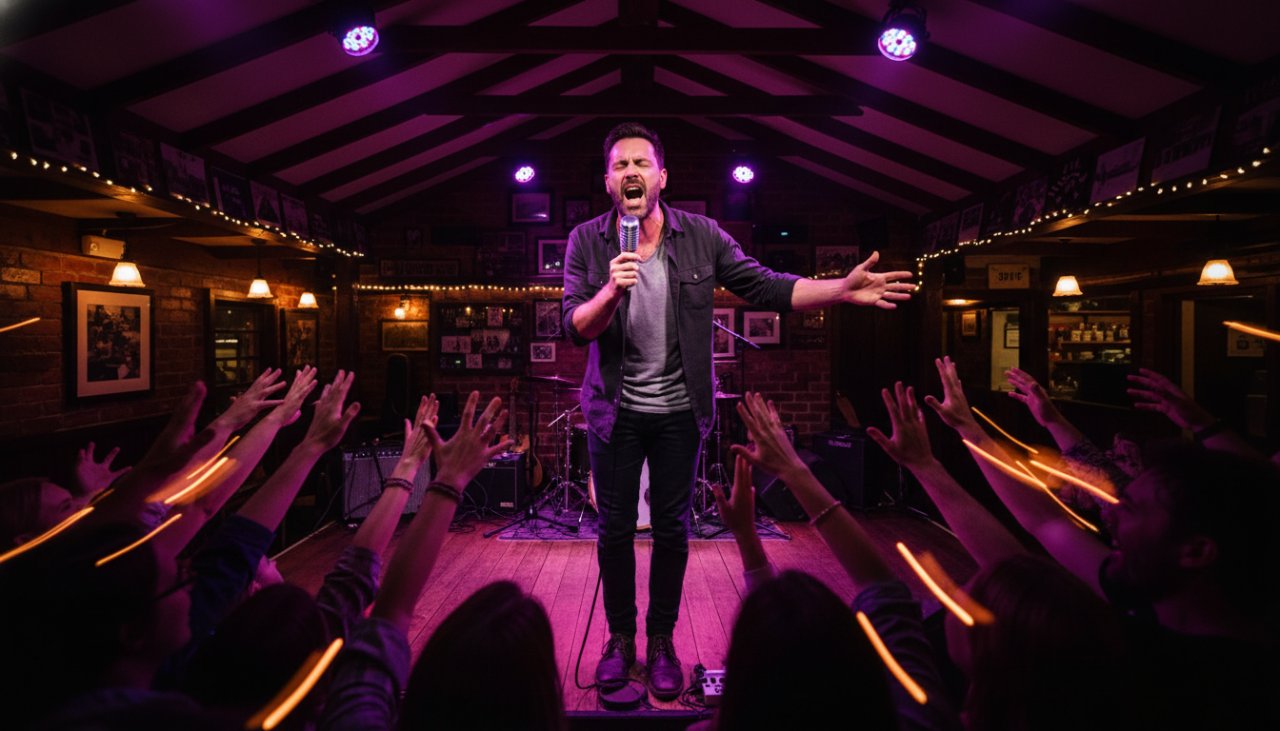 Dynamic wide-angle shot Capturing Clematis Intimate Pub Gigs Photography, featuring a lead singer bathed in dramatic purple stage light, audience hands raised, creating an epic moment of connection.