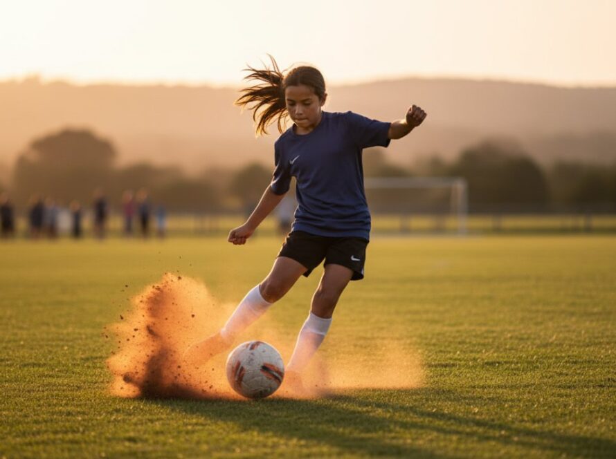 A dynamic shot of a young footballer triumphantly scoring a goal, mid-air with intense focus, on a sun-drenched Coldstream sports field, perfectly illustrating Capturing Coldstream junior sports photography.