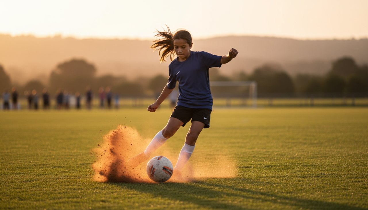 A dynamic shot of a young footballer triumphantly scoring a goal, mid-air with intense focus, on a sun-drenched Coldstream sports field, perfectly illustrating Capturing Coldstream junior sports photography.