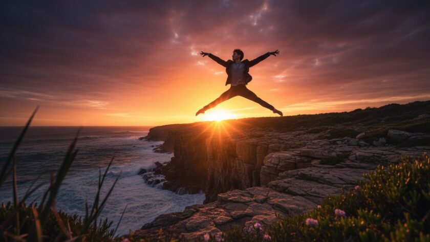 An epic moment of a dancer in mid-leap, silhouetted against a dramatic Mornington Peninsula sunset over the ocean, showcasing the power and grace of capturing dance artistry Mornington Peninsula.