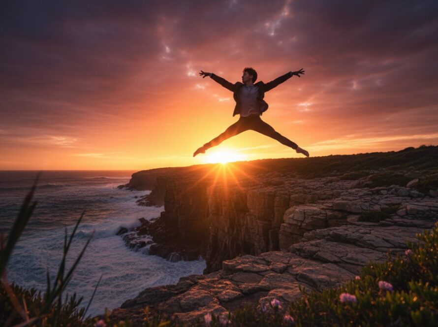 An epic moment of a dancer in mid-leap, silhouetted against a dramatic Mornington Peninsula sunset over the ocean, showcasing the power and grace of capturing dance artistry Mornington Peninsula.