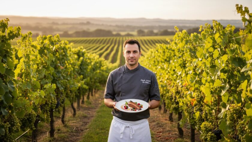 A stunning wide-angle shot of a chef presenting a gourmet dish amidst rows of vibrant grapevines at sunset in Dixons Creek, embodying the art of Capturing Dixons Creek Editorial Storytelling Photography.