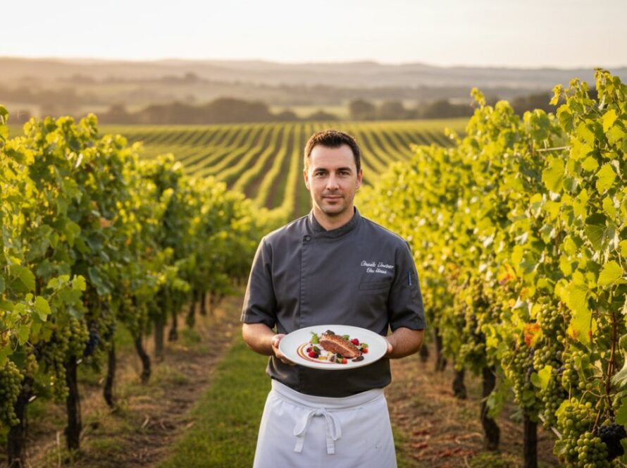 A stunning wide-angle shot of a chef presenting a gourmet dish amidst rows of vibrant grapevines at sunset in Dixons Creek, embodying the art of Capturing Dixons Creek Editorial Storytelling Photography.