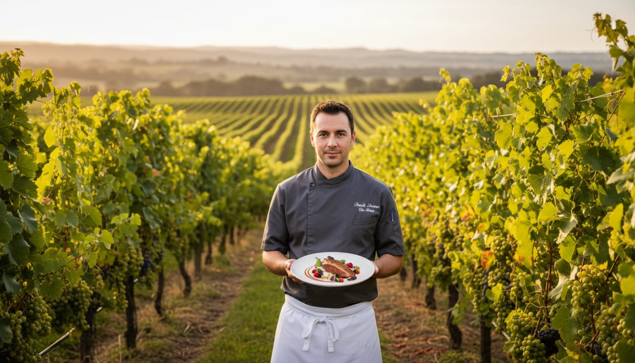 A stunning wide-angle shot of a chef presenting a gourmet dish amidst rows of vibrant grapevines at sunset in Dixons Creek, embodying the art of Capturing Dixons Creek Editorial Storytelling Photography.