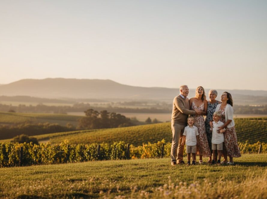 A heartwarming, cinematic photograph of a multi-generational family laughing joyfully in a sun-drenched vineyard at golden hour, perfectly capturing Dixons Creek family memories, with rolling hills and distant mountains in the background.