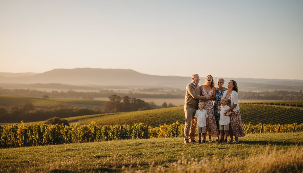 A heartwarming, cinematic photograph of a multi-generational family laughing joyfully in a sun-drenched vineyard at golden hour, perfectly capturing Dixons Creek family memories, with rolling hills and distant mountains in the background.