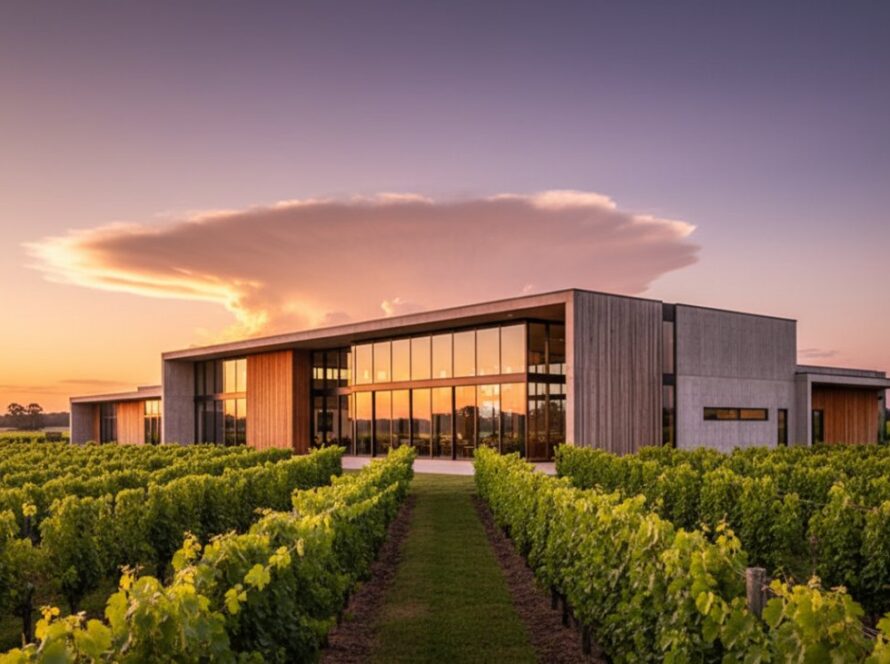 An epic moment capturing Dixons Creek Vineyard Architecture Photography, showcasing a modern winery's elegant lines and expansive glass against a vibrant sunset, with rows of grapevines leading to the sophisticated structure.