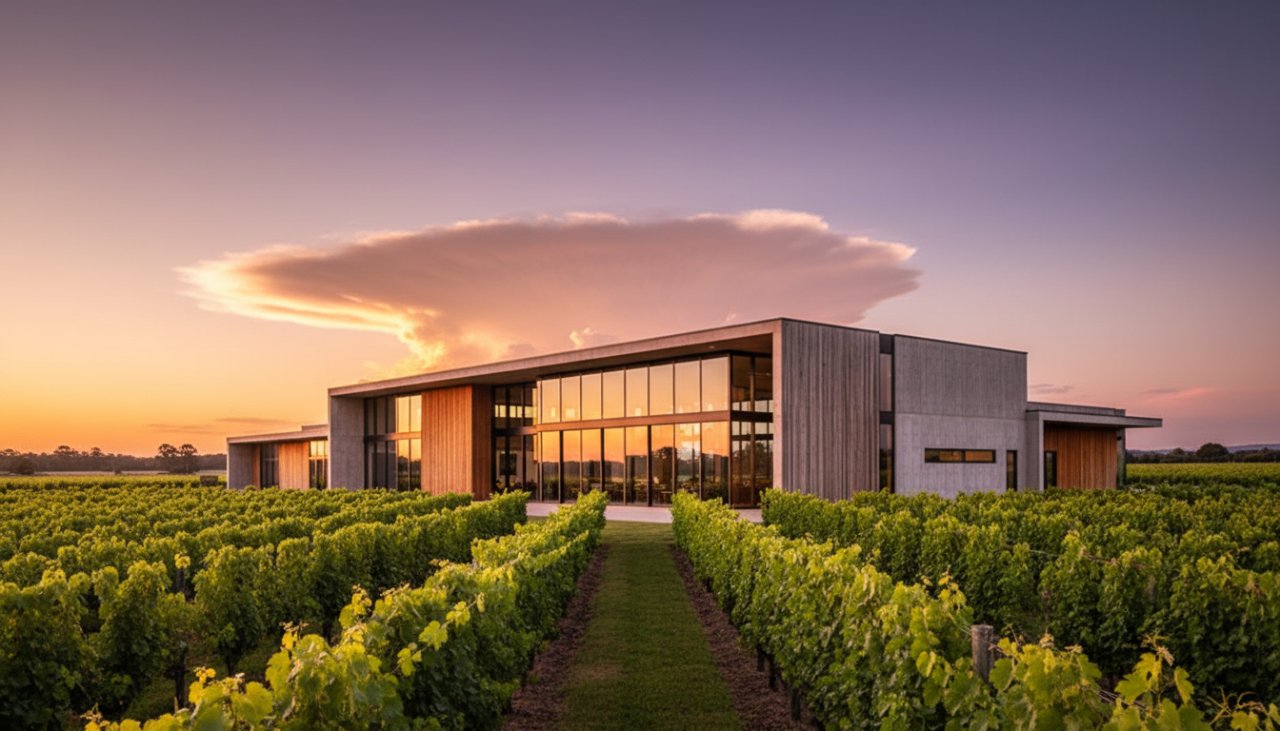An epic moment capturing Dixons Creek Vineyard Architecture Photography, showcasing a modern winery's elegant lines and expansive glass against a vibrant sunset, with rows of grapevines leading to the sophisticated structure.