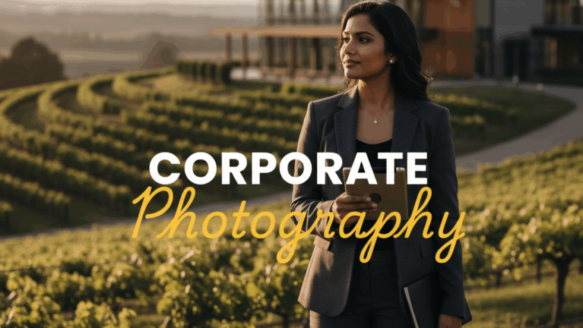 A moody, cinematic street-style photograph capturing a professional business person in the Yarra Valley, with dramatic lighting. The image features a two-tiered text overlay: 'CORPORATE' in bold white sans-serif and 'Photography' in larger elegant yellow cursive, highlighting Capturing dynamic corporate branding photography Yarra Valley businesses.