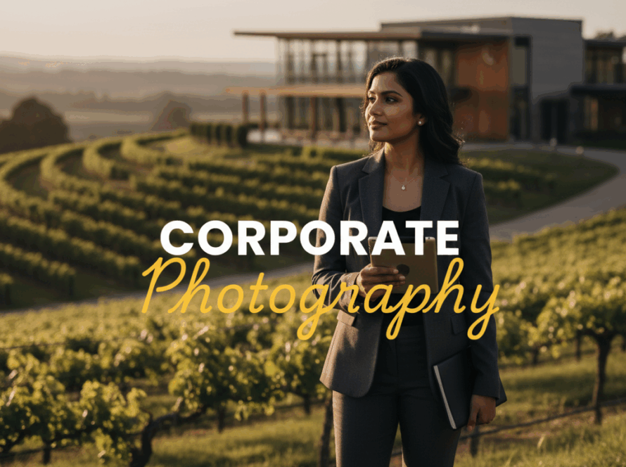 A moody, cinematic street-style photograph capturing a professional business person in the Yarra Valley, with dramatic lighting. The image features a two-tiered text overlay: 'CORPORATE' in bold white sans-serif and 'Photography' in larger elegant yellow cursive, highlighting Capturing dynamic corporate branding photography Yarra Valley businesses.
