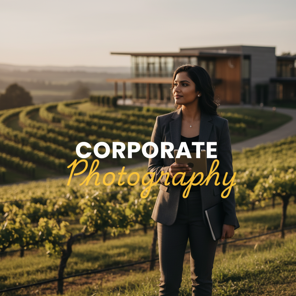 A moody, cinematic street-style photograph capturing a professional business person in the Yarra Valley, with dramatic lighting. The image features a two-tiered text overlay: 'CORPORATE' in bold white sans-serif and 'Photography' in larger elegant yellow cursive, highlighting Capturing dynamic corporate branding photography Yarra Valley businesses.