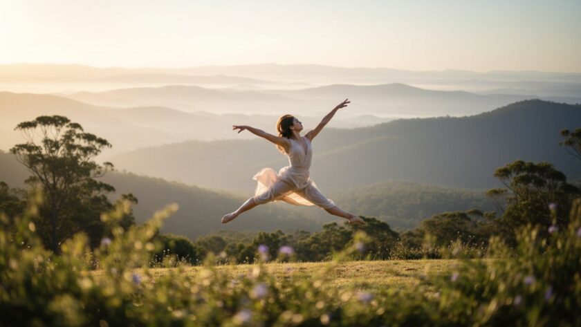 A breathtaking, high-contrast photograph of a dancer mid-leap against the lush, misty Dandenong Ranges backdrop at sunrise, embodying the essence of capturing dynamic dance photography Kalorama Victoria.