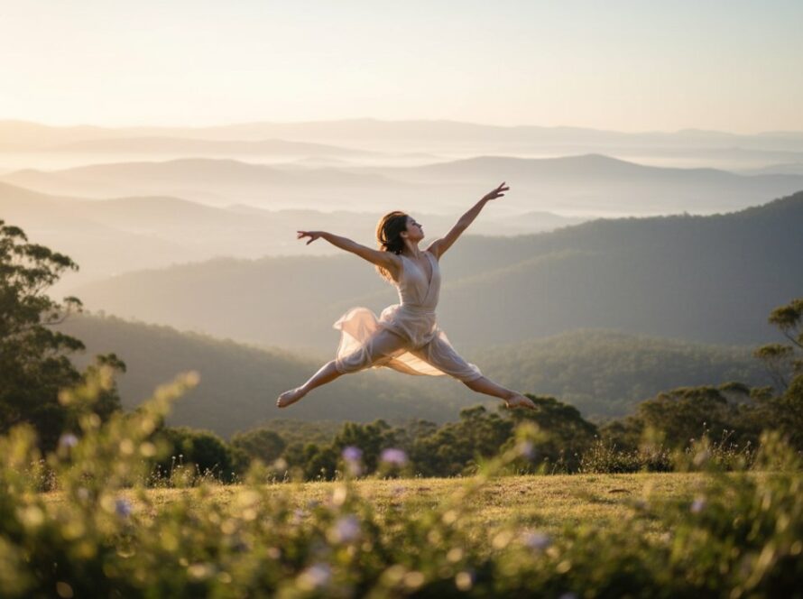 A breathtaking, high-contrast photograph of a dancer mid-leap against the lush, misty Dandenong Ranges backdrop at sunrise, embodying the essence of capturing dynamic dance photography Kalorama Victoria.
