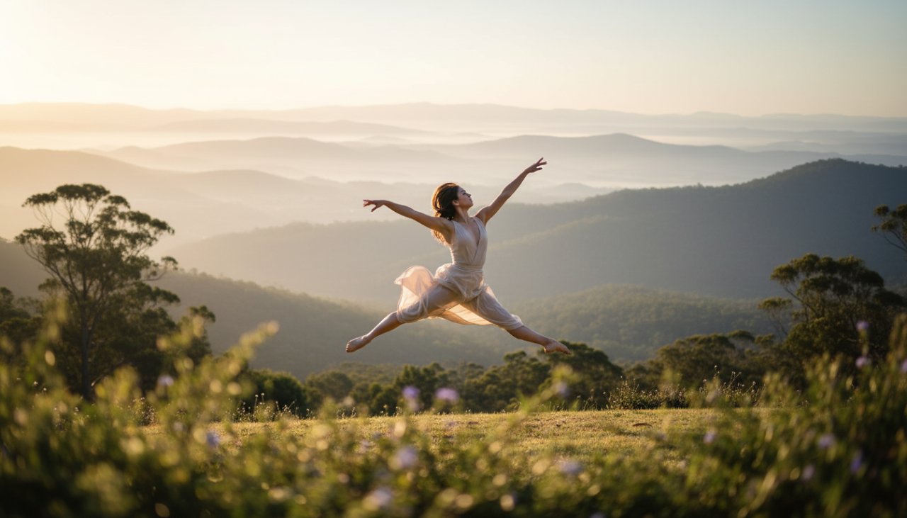 A breathtaking, high-contrast photograph of a dancer mid-leap against the lush, misty Dandenong Ranges backdrop at sunrise, embodying the essence of capturing dynamic dance photography Kalorama Victoria.