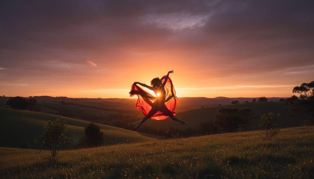 A powerful female dancer in mid-air, bathed in golden hour light against the natural backdrop of Launching, Victoria, showcasing a perfect example of capturing dynamic dance photography Launching Victoria.
