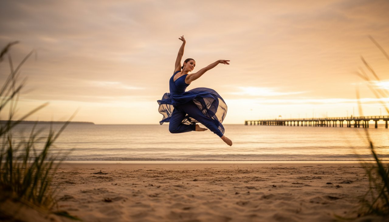 An epic moment of a dancer mid-air, silhouetted against a golden Safety Beach sunset, performing a powerful contemporary leap, perfectly illustrating Capturing Dynamic Dance Photography Safety Beach.