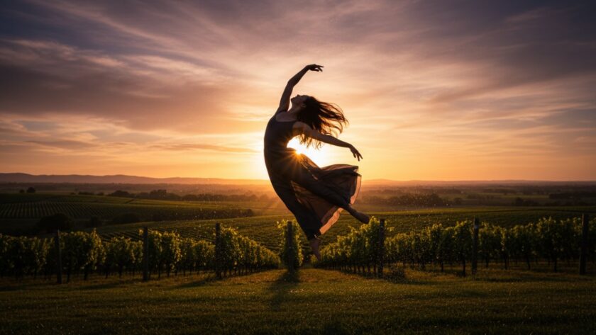 An elegant female dancer in mid-air, performing a breathtaking contemporary leap against the golden hour light of a vineyard in Seville East, Victoria, perfectly embodying Capturing Dynamic Dance Photography Seville East Victoria.