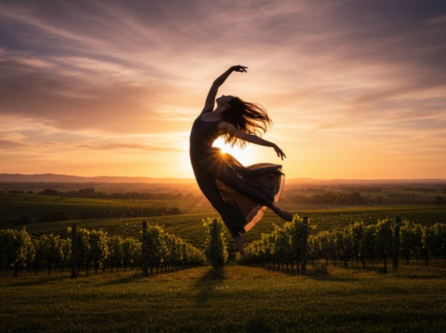 An elegant female dancer in mid-air, performing a breathtaking contemporary leap against the golden hour light of a vineyard in Seville East, Victoria, perfectly embodying Capturing Dynamic Dance Photography Seville East Victoria.