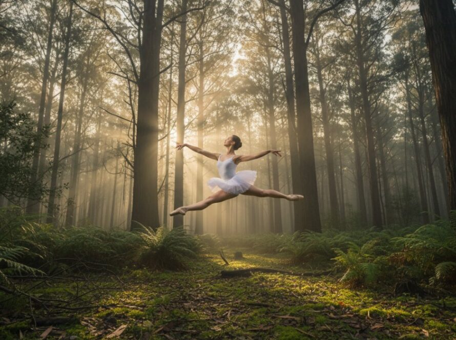 A professional dancer mid-air, frozen in an elegant leap, against the misty, lush green backdrop of Sherbrooke Forest at dawn, showcasing a breathtaking moment of Capturing Dynamic Dance Photography Sherbrooke Victoria.