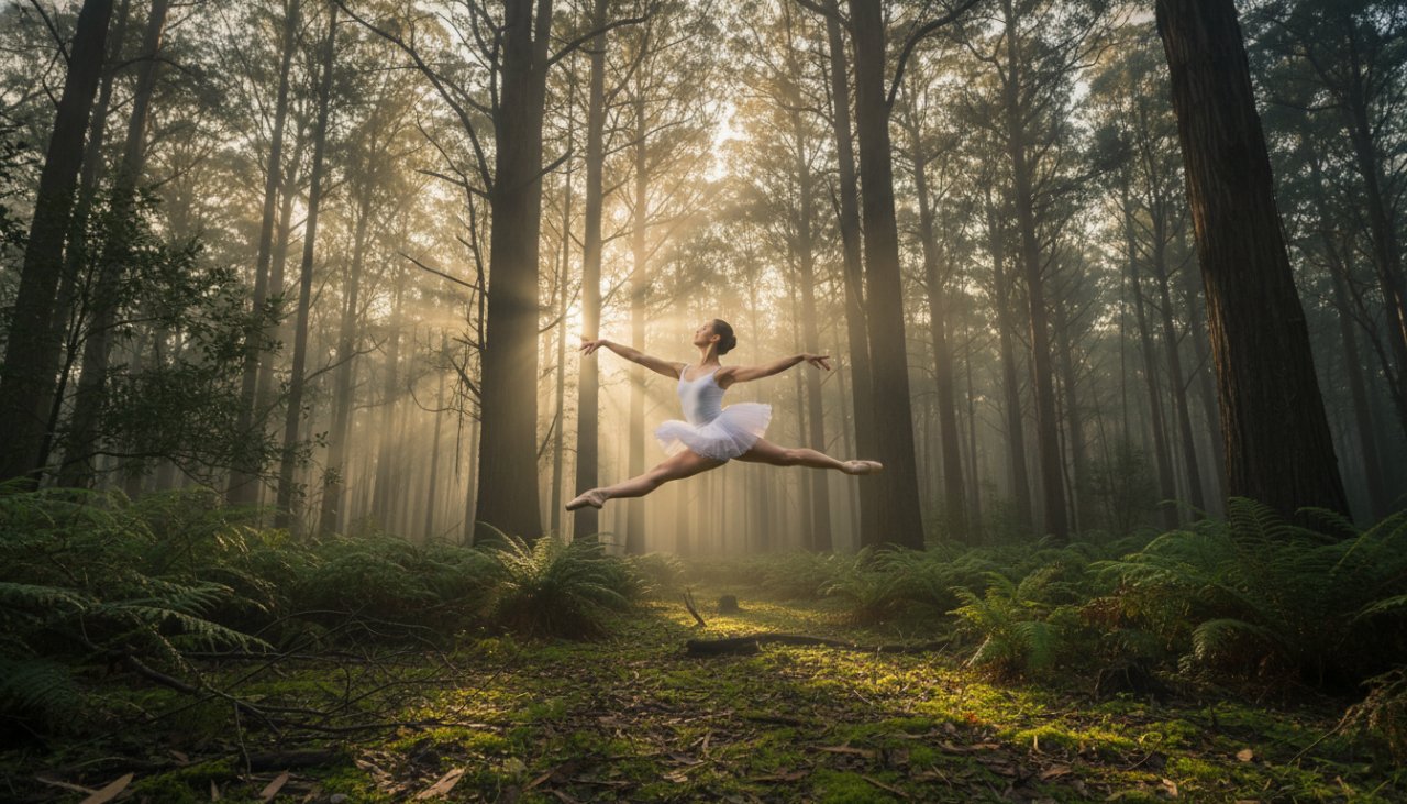 A professional dancer mid-air, frozen in an elegant leap, against the misty, lush green backdrop of Sherbrooke Forest at dawn, showcasing a breathtaking moment of Capturing Dynamic Dance Photography Sherbrooke Victoria.