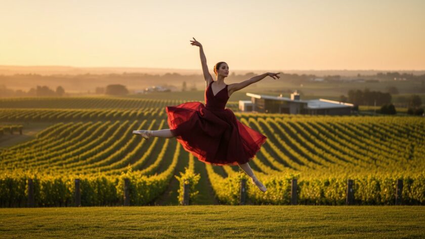 A prima ballerina mid-leap, silhouetted against a golden sunset over the rolling hills of Tarrawarra vineyards, embodying the essence of capturing dynamic dance Tarrawarra vineyards. An epic moment of grace and power.