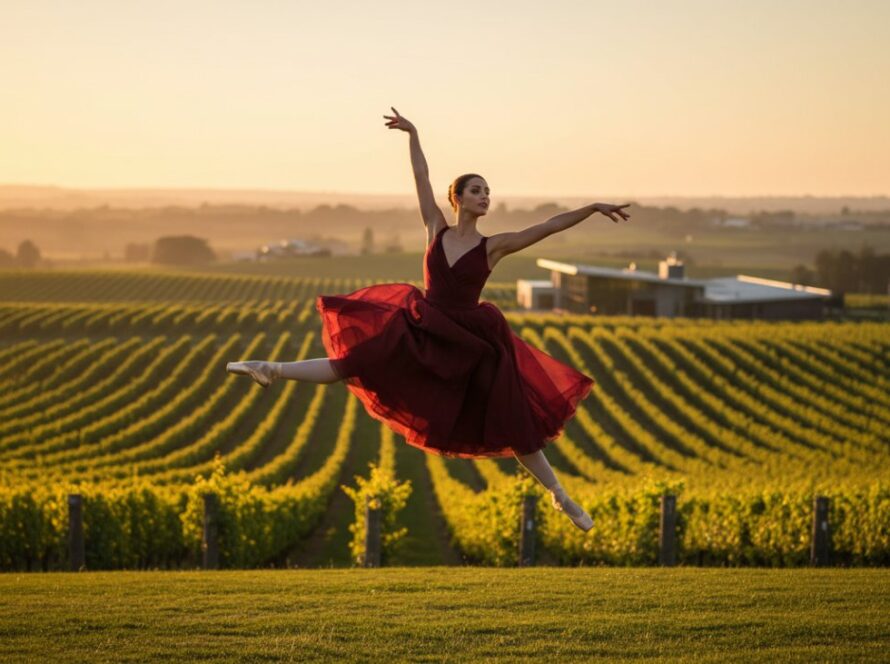 A prima ballerina mid-leap, silhouetted against a golden sunset over the rolling hills of Tarrawarra vineyards, embodying the essence of capturing dynamic dance Tarrawarra vineyards. An epic moment of grace and power.