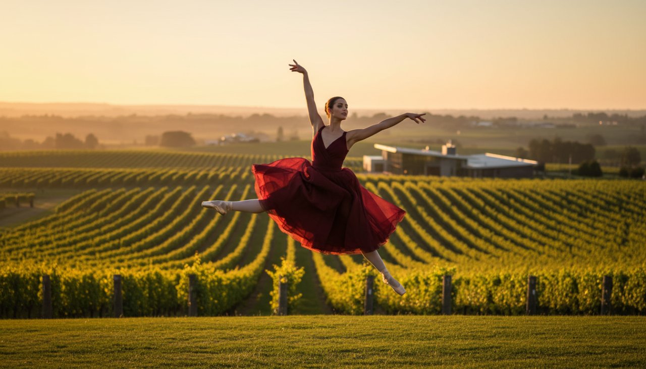 A prima ballerina mid-leap, silhouetted against a golden sunset over the rolling hills of Tarrawarra vineyards, embodying the essence of capturing dynamic dance Tarrawarra vineyards. An epic moment of grace and power.