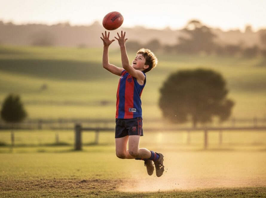 An epic, low-angle photograph capturing dynamic junior sports Castella, showing a young Australian rules football player mid-air, hands reaching for a mark, with the soft, golden light of late afternoon illuminating their determined face and the Castella Recreation Reserve in the background, out of focus.