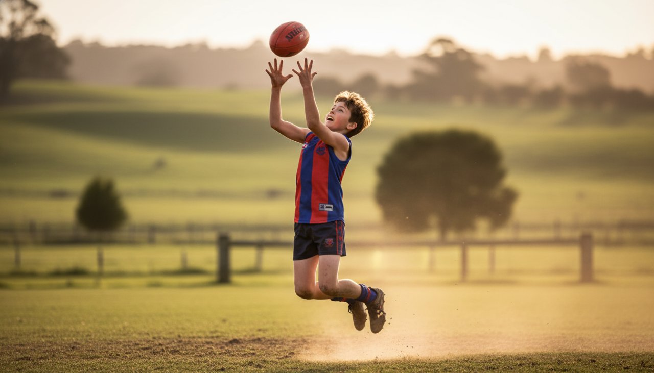 An epic, low-angle photograph capturing dynamic junior sports Castella, showing a young Australian rules football player mid-air, hands reaching for a mark, with the soft, golden light of late afternoon illuminating their determined face and the Castella Recreation Reserve in the background, out of focus.