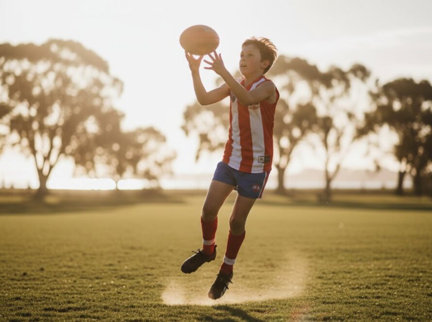 Dynamic shot of a junior football player in mid-air, kicking a goal during a match in Rosebud, Victoria, perfectly capturing dynamic Rosebud junior football action with golden hour lighting.