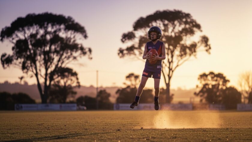 An epic moment of a junior footballer in full flight, kicking for goal during a sunset game in Crib Point, Victoria, illustrating Capturing Dynamic Sports Photography Crib Point Junior Football with dramatic lighting and intense focus.