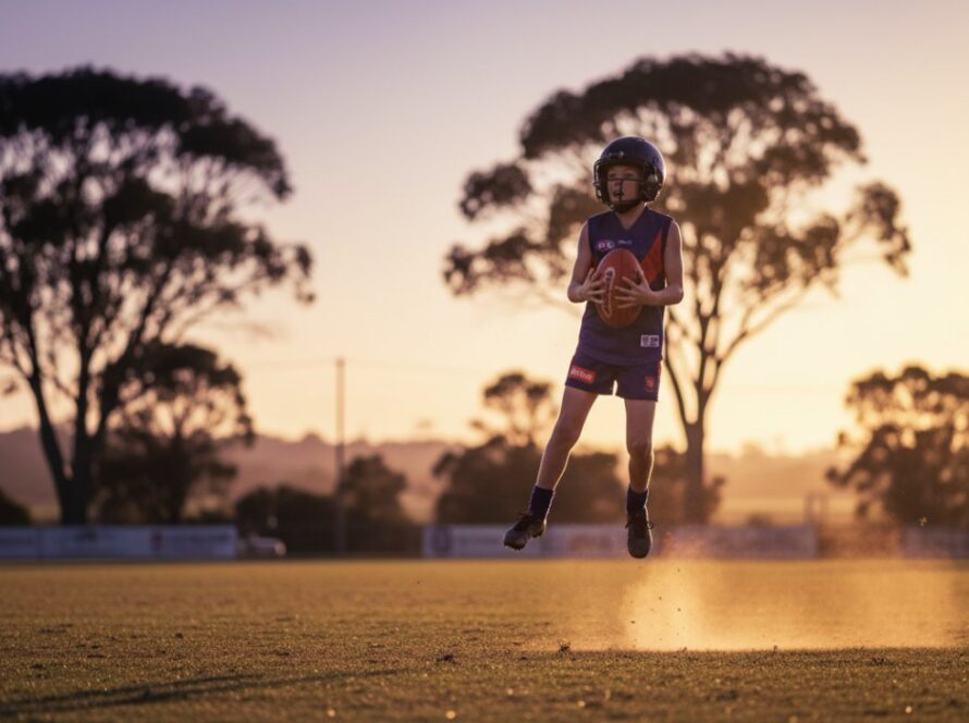 An epic moment of a junior footballer in full flight, kicking for goal during a sunset game in Crib Point, Victoria, illustrating Capturing Dynamic Sports Photography Crib Point Junior Football with dramatic lighting and intense focus.