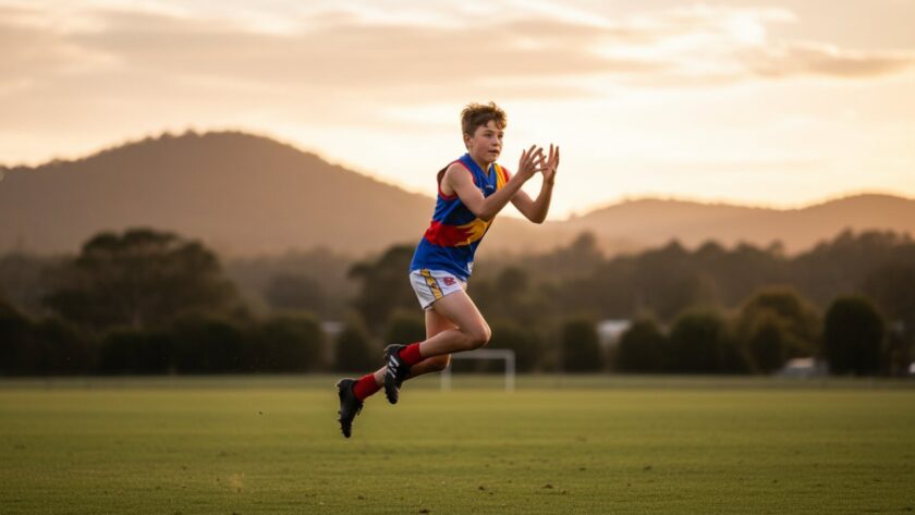 A powerful and emotionally charged photograph showcasing a young athlete in Emerald, Victoria, mid-action during a junior football match, perfectly illustrating the essence of Capturing Dynamic Youth Sports Photography Emerald Victoria. The athlete is focused, pushing past an opponent under dramatic, golden hour lighting, with the lush green Emerald hills in the background. Captures an epic moment of youthful determination and sportsmanship.