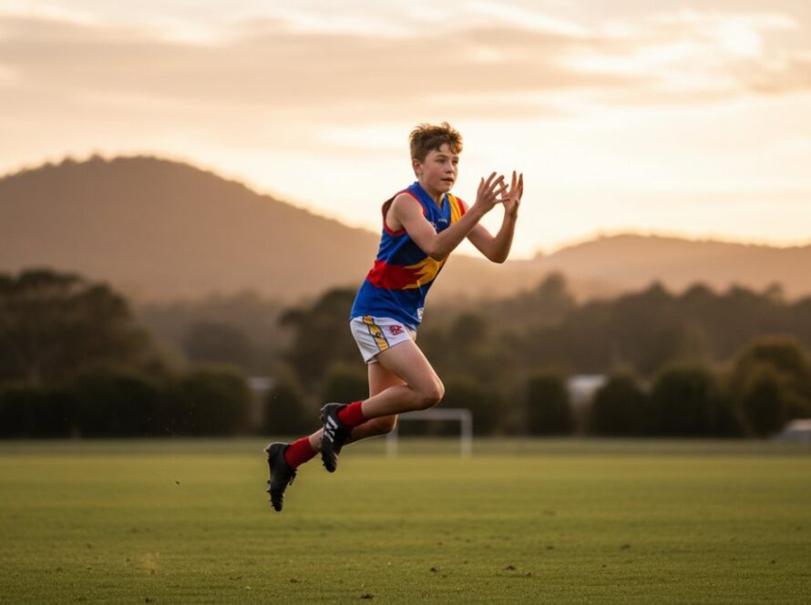 A powerful and emotionally charged photograph showcasing a young athlete in Emerald, Victoria, mid-action during a junior football match, perfectly illustrating the essence of Capturing Dynamic Youth Sports Photography Emerald Victoria. The athlete is focused, pushing past an opponent under dramatic, golden hour lighting, with the lush green Emerald hills in the background. Captures an epic moment of youthful determination and sportsmanship.