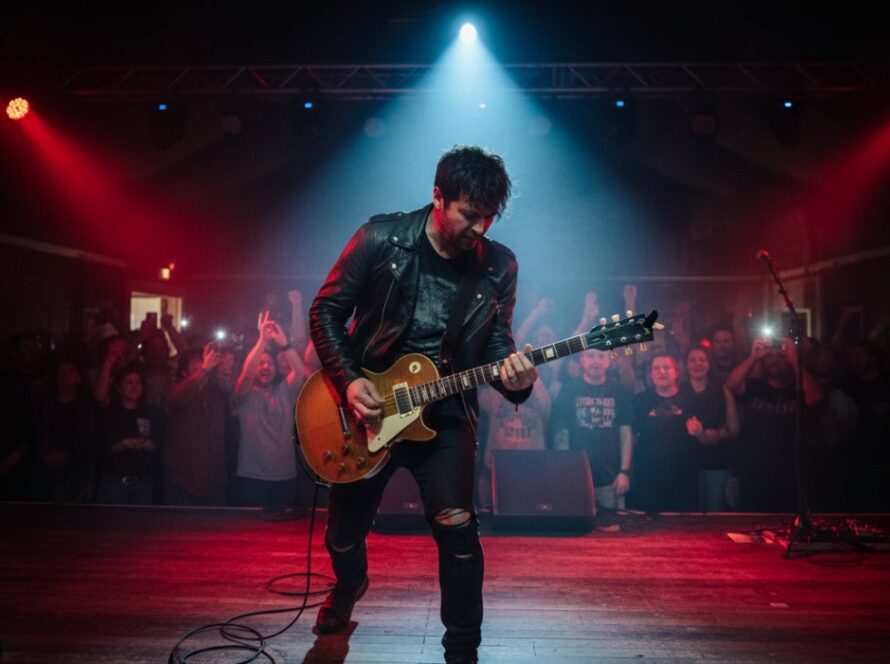 A dynamic and emotionally charged photograph, Capturing electrifying live music moments Wandin North, showing a lead singer mid-song with arms outstretched, backlit by vibrant stage lights, a cheering crowd visible in soft focus, conveying immense energy and passion.