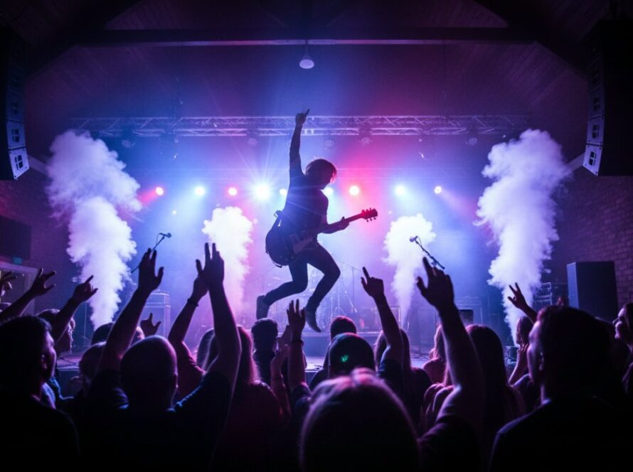 Dynamic wide shot of a lead guitarist mid-shred under dramatic stage lights, capturing electrifying live music Mount Eliza, with the enthusiastic crowd silhouetted in the foreground, conveying immense energy and atmosphere.