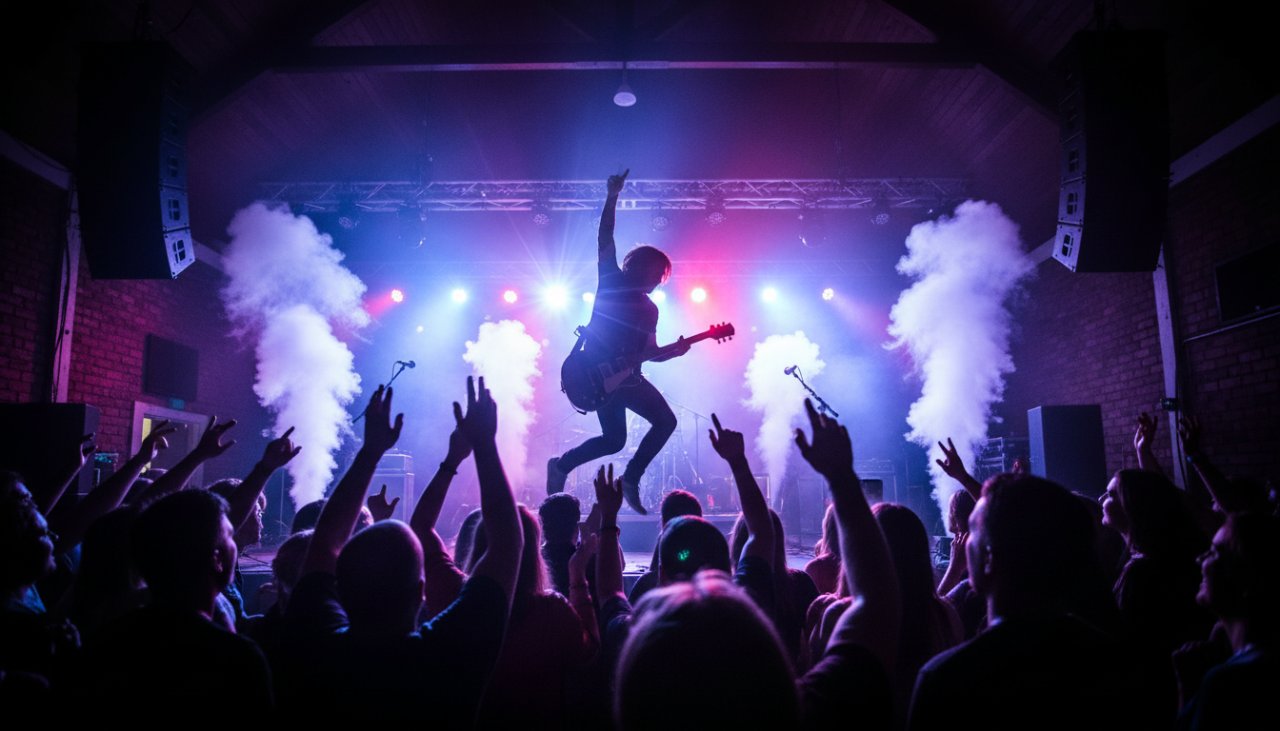 Dynamic wide shot of a lead guitarist mid-shred under dramatic stage lights, capturing electrifying live music Mount Eliza, with the enthusiastic crowd silhouetted in the foreground, conveying immense energy and atmosphere.