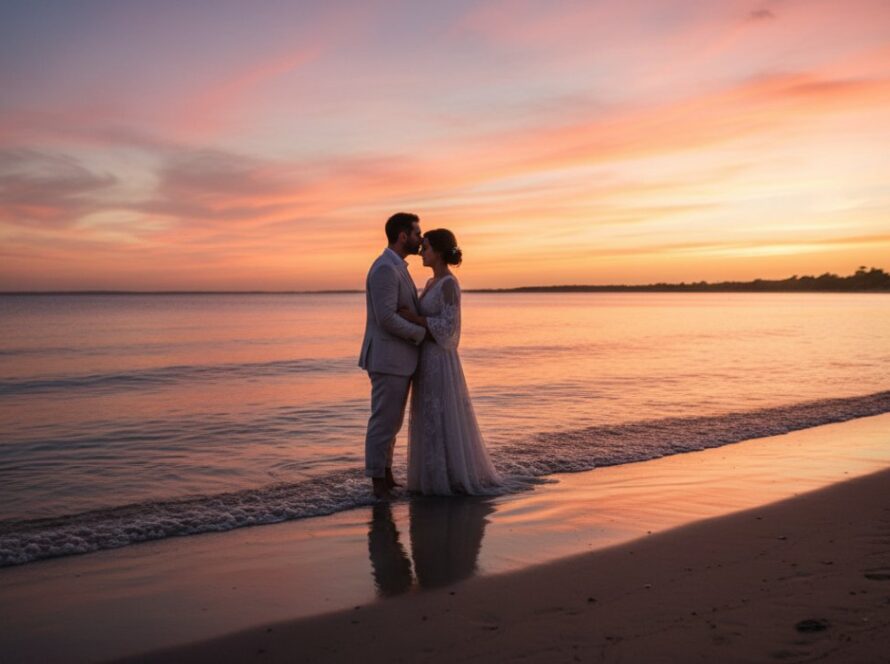 A stunning wide-angle shot of a newly married couple embracing on the sandy Tootgarook foreshore at sunset, their silhouettes framed by the vibrant, golden and purple sky, with gentle waves lapping nearby, perfectly encapsulating the magic of their wedding day and showcasing Image by SD's skill in Capturing Elegant Tootgarook Foreshore Wedding Photography.
