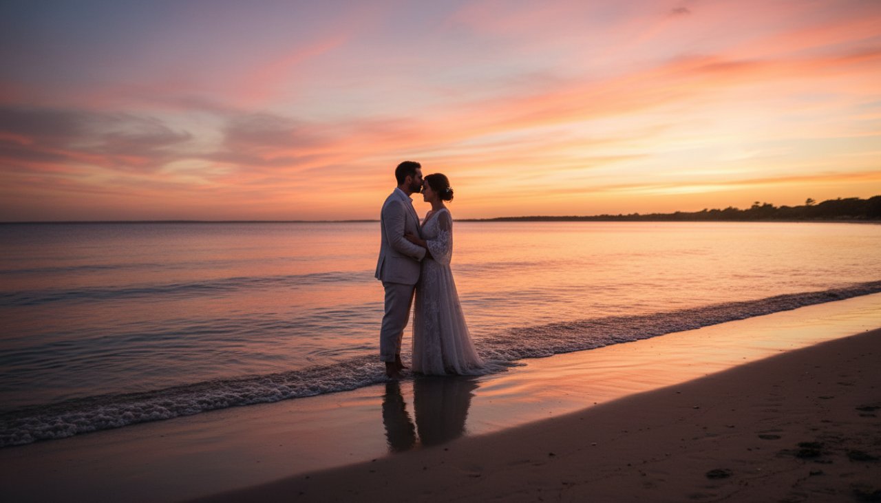 A stunning wide-angle shot of a newly married couple embracing on the sandy Tootgarook foreshore at sunset, their silhouettes framed by the vibrant, golden and purple sky, with gentle waves lapping nearby, perfectly encapsulating the magic of their wedding day and showcasing Image by SD's skill in Capturing Elegant Tootgarook Foreshore Wedding Photography.