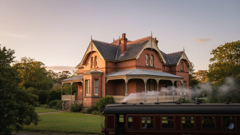 An evocative wide-angle shot capturing Emerald Victoria's historic architecture of a heritage building bathed in golden hour light, with a faint Puffing Billy steam train passing in the background, creating a timeless and cinematic scene.