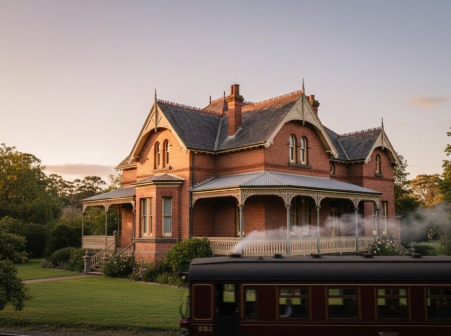 An evocative wide-angle shot capturing Emerald Victoria's historic architecture of a heritage building bathed in golden hour light, with a faint Puffing Billy steam train passing in the background, creating a timeless and cinematic scene.