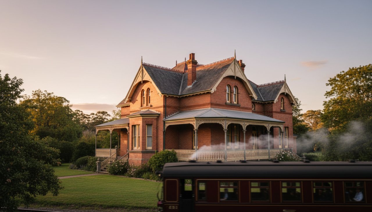 An evocative wide-angle shot capturing Emerald Victoria's historic architecture of a heritage building bathed in golden hour light, with a faint Puffing Billy steam train passing in the background, creating a timeless and cinematic scene.