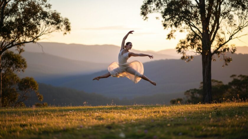 A dancer leaps gracefully mid-air, bathed in the soft, golden glow of Tecoma's natural light, perfectly capturing emotive dance photography Tecoma's unique atmosphere, in an epic moment.