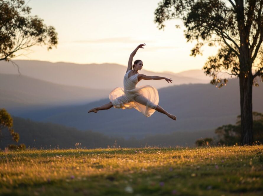 A dancer leaps gracefully mid-air, bathed in the soft, golden glow of Tecoma's natural light, perfectly capturing emotive dance photography Tecoma's unique atmosphere, in an epic moment.