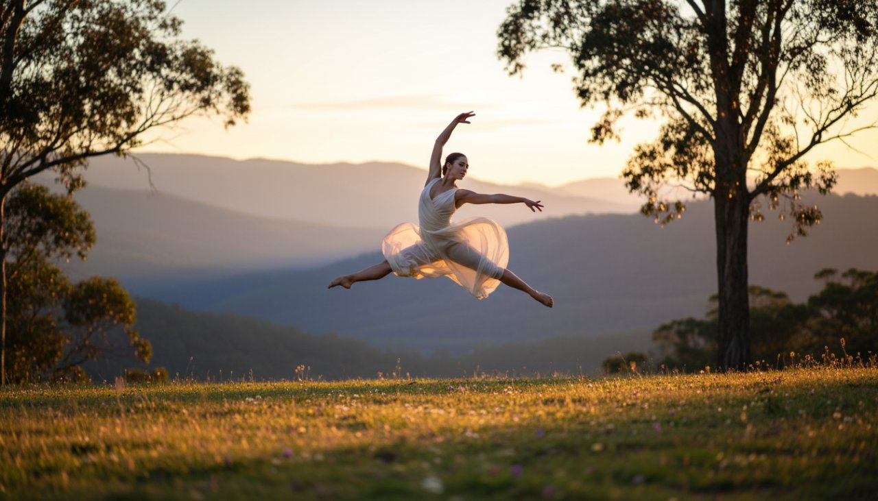 A dancer leaps gracefully mid-air, bathed in the soft, golden glow of Tecoma's natural light, perfectly capturing emotive dance photography Tecoma's unique atmosphere, in an epic moment.
