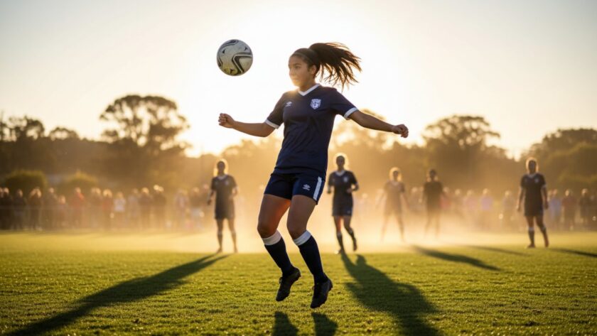 Dynamic action shot capturing epic Dixons Creek sporting triumphs, showing a local athlete scoring a winning goal at sunset, bathed in golden light, celebrating with teammates.