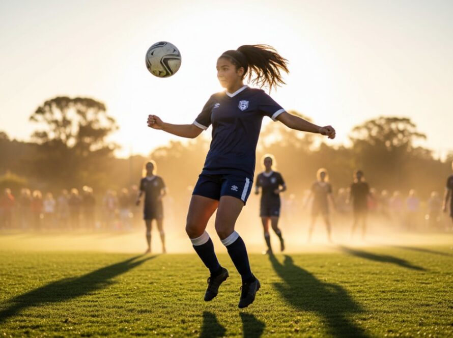 Dynamic action shot capturing epic Dixons Creek sporting triumphs, showing a local athlete scoring a winning goal at sunset, bathed in golden light, celebrating with teammates.