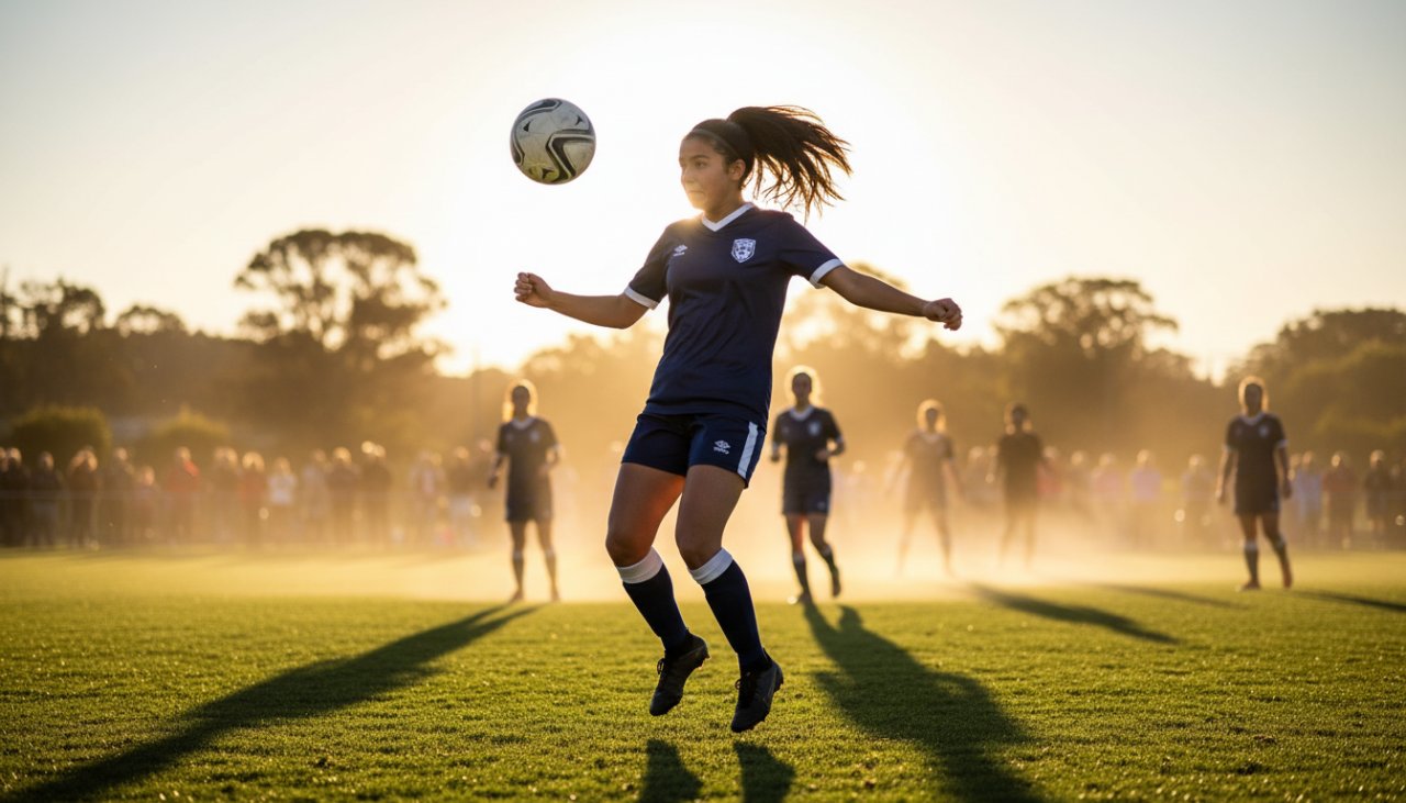 Dynamic action shot capturing epic Dixons Creek sporting triumphs, showing a local athlete scoring a winning goal at sunset, bathed in golden light, celebrating with teammates.