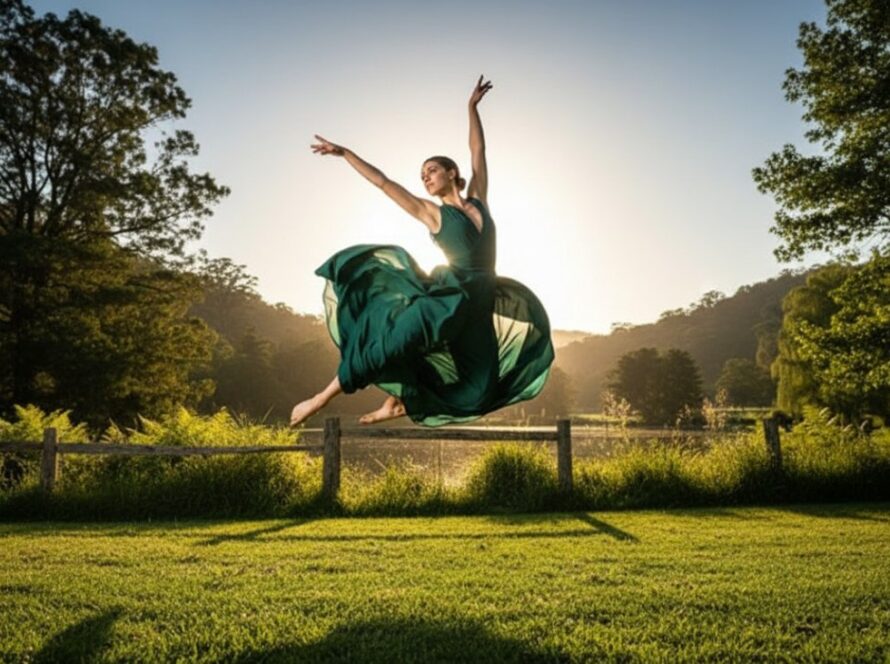 An 'epic moment' style photograph of a dancer mid-air, bathed in golden hour light, performing an expressive leap with the lush greenery of Emerald, Victoria as a blurred backdrop, embodying the essence of capturing expressive dance photography Emerald Victoria.