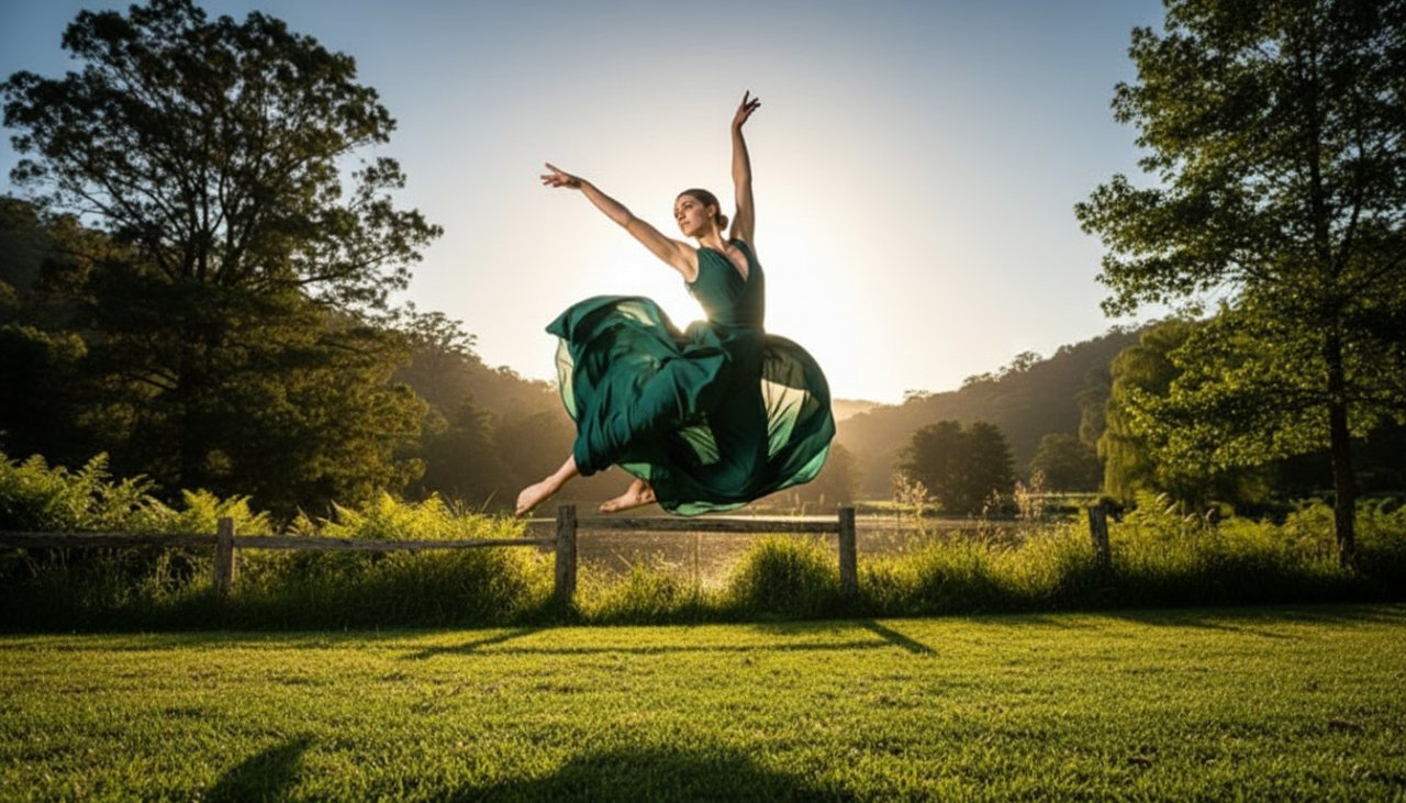 An 'epic moment' style photograph of a dancer mid-air, bathed in golden hour light, performing an expressive leap with the lush greenery of Emerald, Victoria as a blurred backdrop, embodying the essence of capturing expressive dance photography Emerald Victoria.
